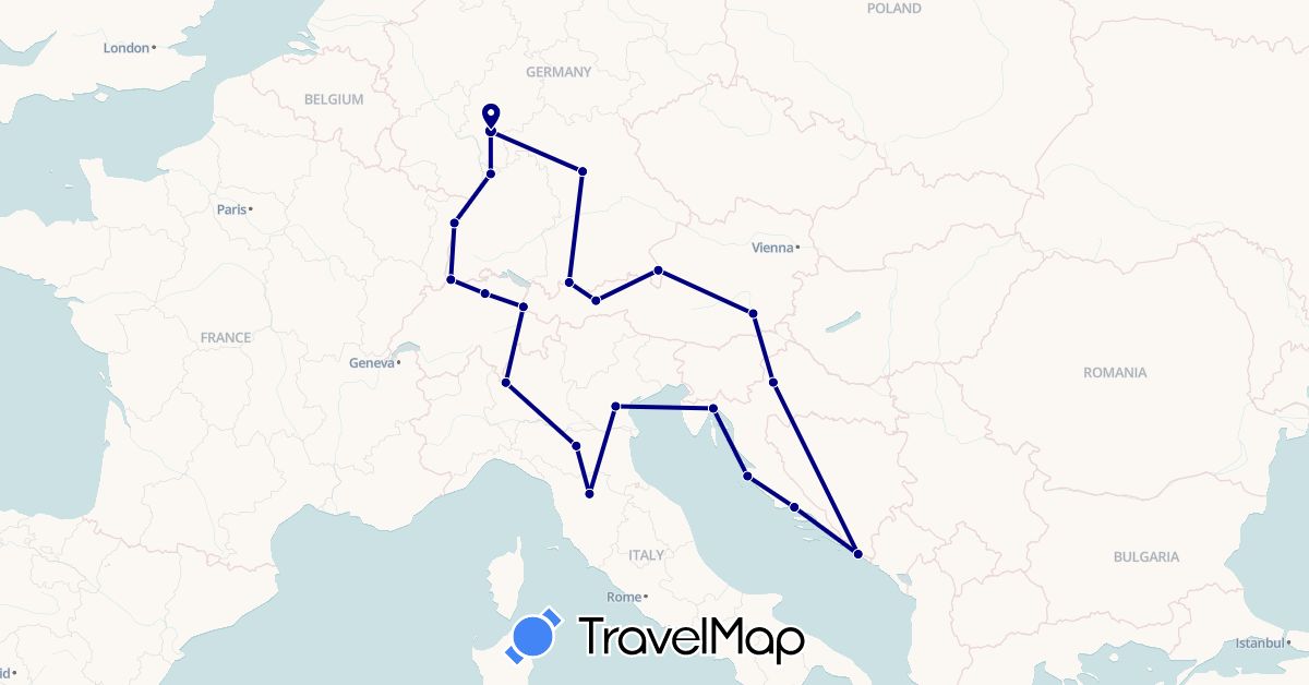 TravelMap itinerary: driving in Austria, Switzerland, Germany, France, Croatia, Italy, Liechtenstein (Europe)